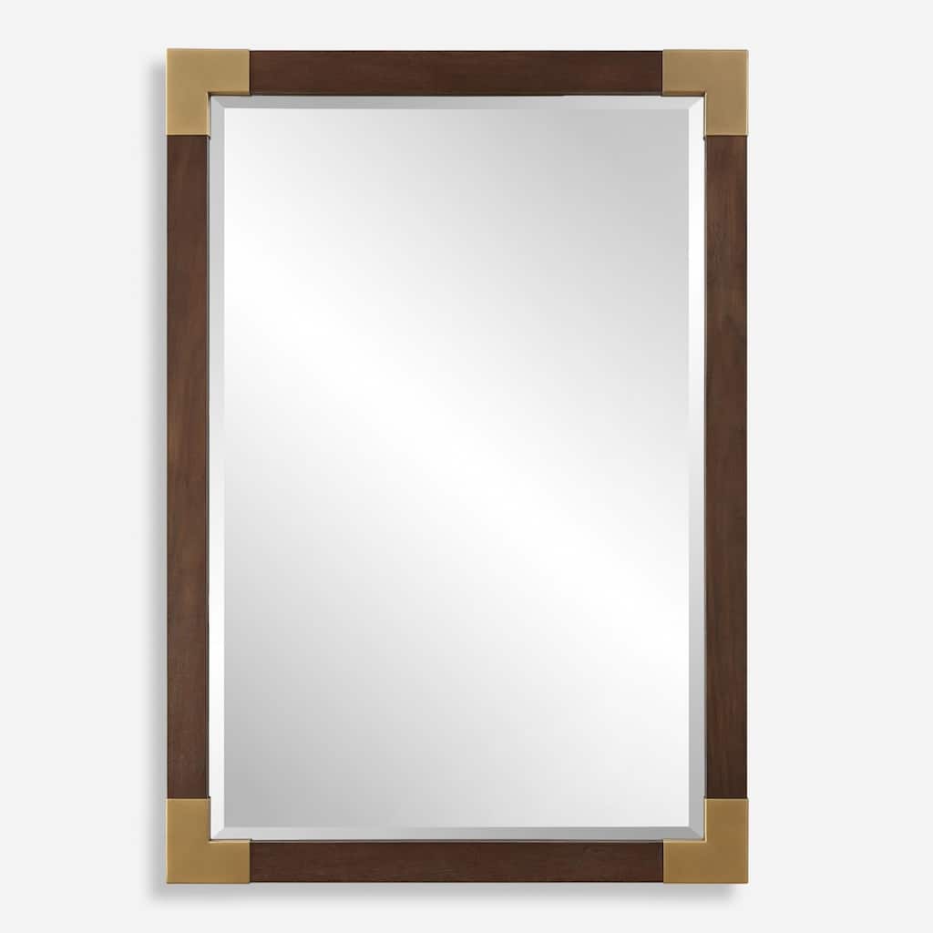 Solid Wood Framed Beveled Wall Mirror 39.25" Aged Walnut Finish