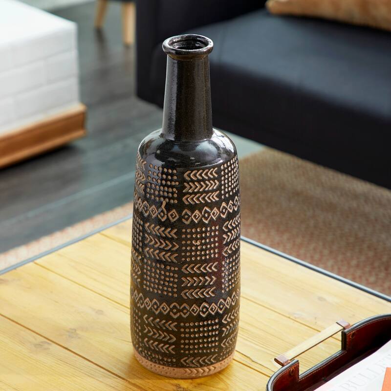 Porcelain Ceramic Tribal Vase - Black - Roche River Decor - 6"W x 6"L x 18"H