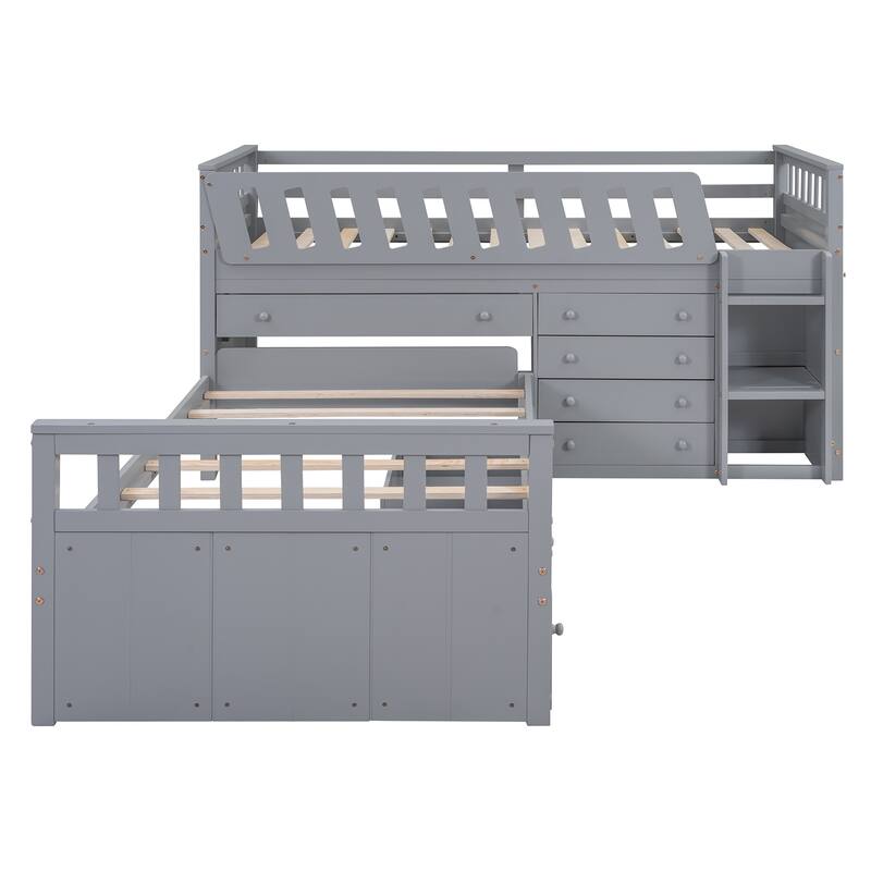 L-shaped Space-Saving Twin Loft and Twin Platform Bed with 7 Drawers and Full Guardrails