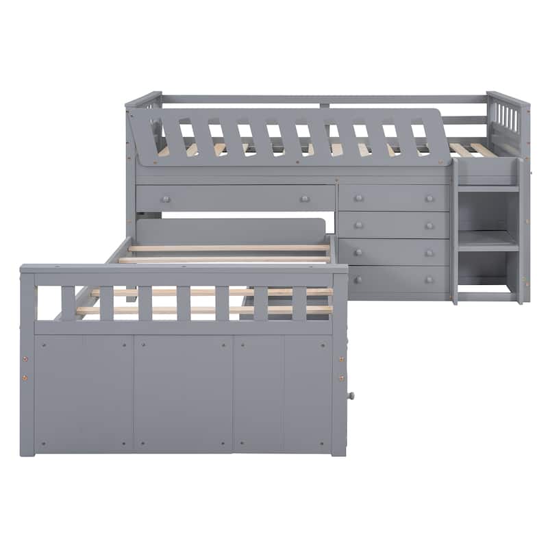 Space Saving Twin Loft and Twin Platform Bed - Grey