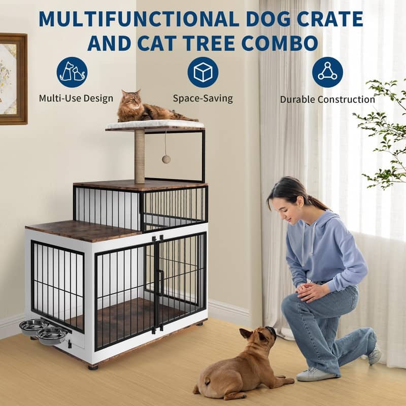 2-in-1 Dog Crate & Cat Tree - XL Wooden Pet Furniture w/Scratching Post & Bowls for Homes w/Both Dogs & Cats
