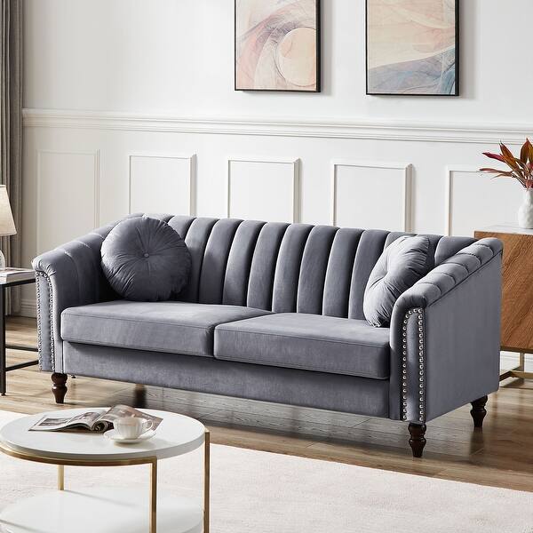 Velvet Upholstered 3 Seat Sofa Couch, Modern Tufted Back Sleeper Sofa
