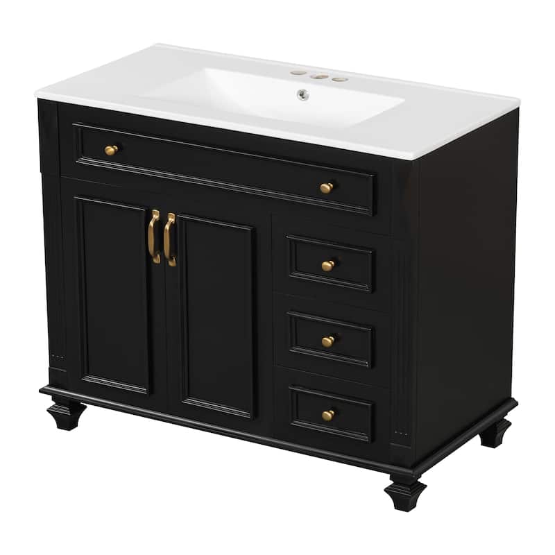 36" Bathroom Vanity with Sink, Vanity Cabinet with Flip-Out Drawer, 3 Drawers, 2 Soft-Close Doors, Solid Wood & MDF