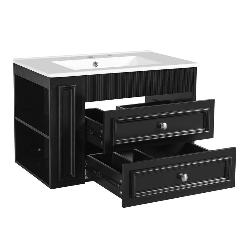 30'' Wall Mounted Bathroom Vanity with Integrated Sink, Floating Bathroom Storage Cabinet with 2 Drawers & Side Shelf