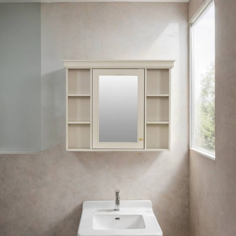 Wall Mounted Bathroom Cabinet with Mirror Door and 6 Open Shelves - Beige