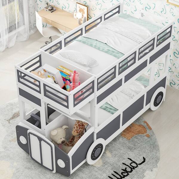 slide 2 of 14, Twin Bus-shaped Solid Wood Bunk Kids Bed with Storage & Wheels, Grey+White Gray+White
