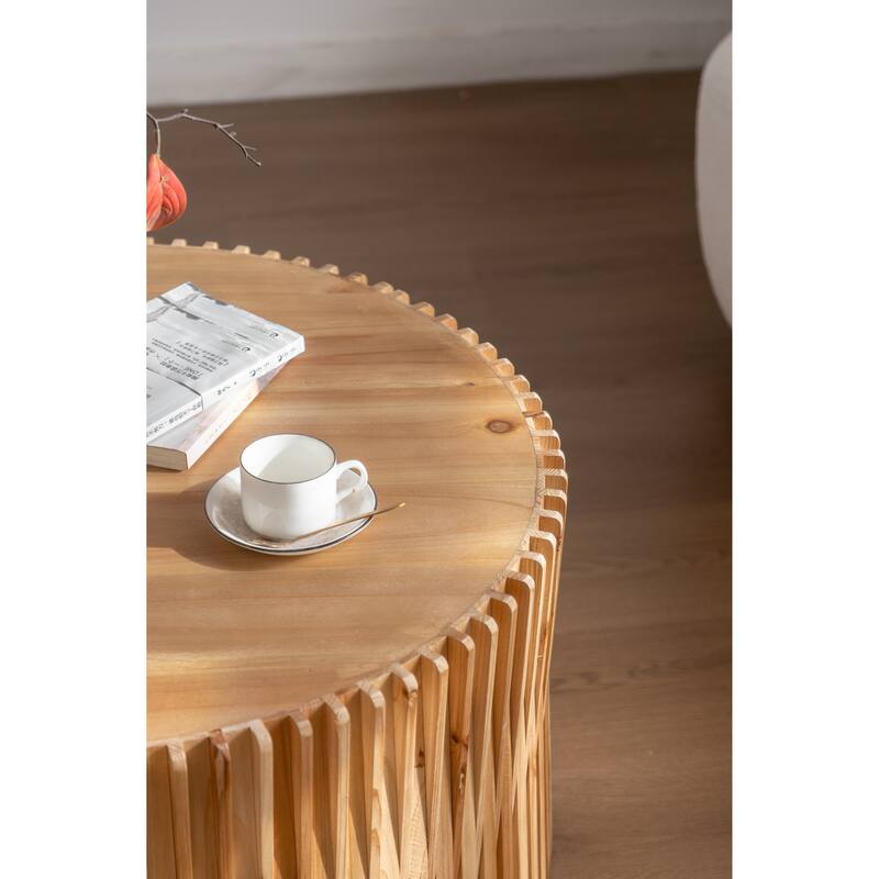 GDFStudio Lysander Fir Wood Retro Coffee Table with Vertical Texture Relief Design