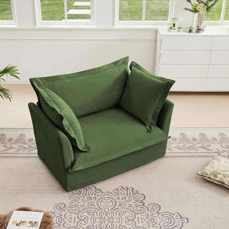 Slip-Covered Armchair with 1 Back Cushion & 2 Toss Pillows, Chenille Deep Seat Reading Armchair, Comfy Single Sofa Chair