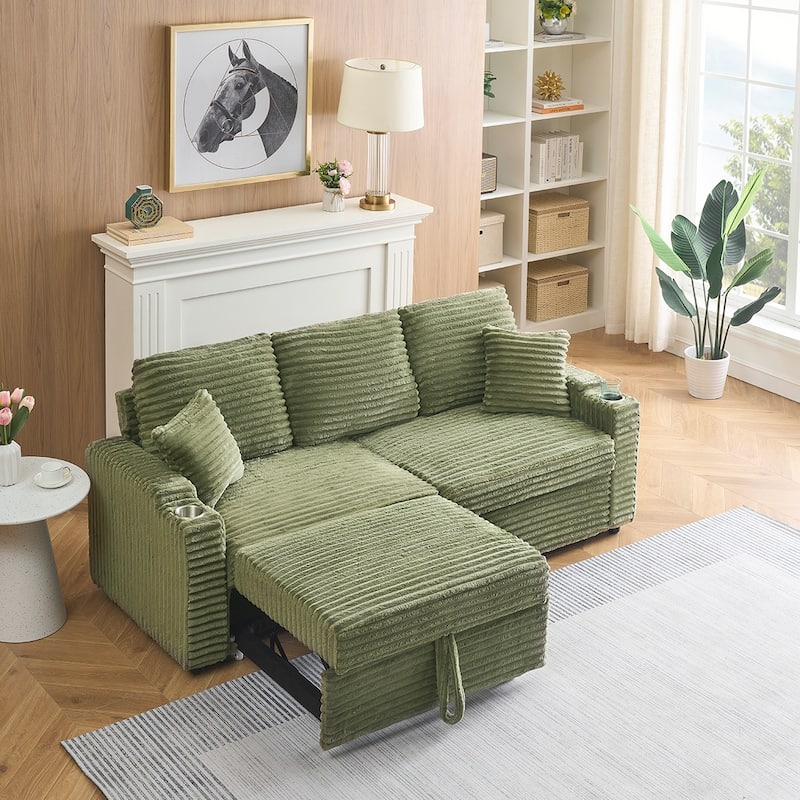 80"Corduroy Sofa With Cup Holder