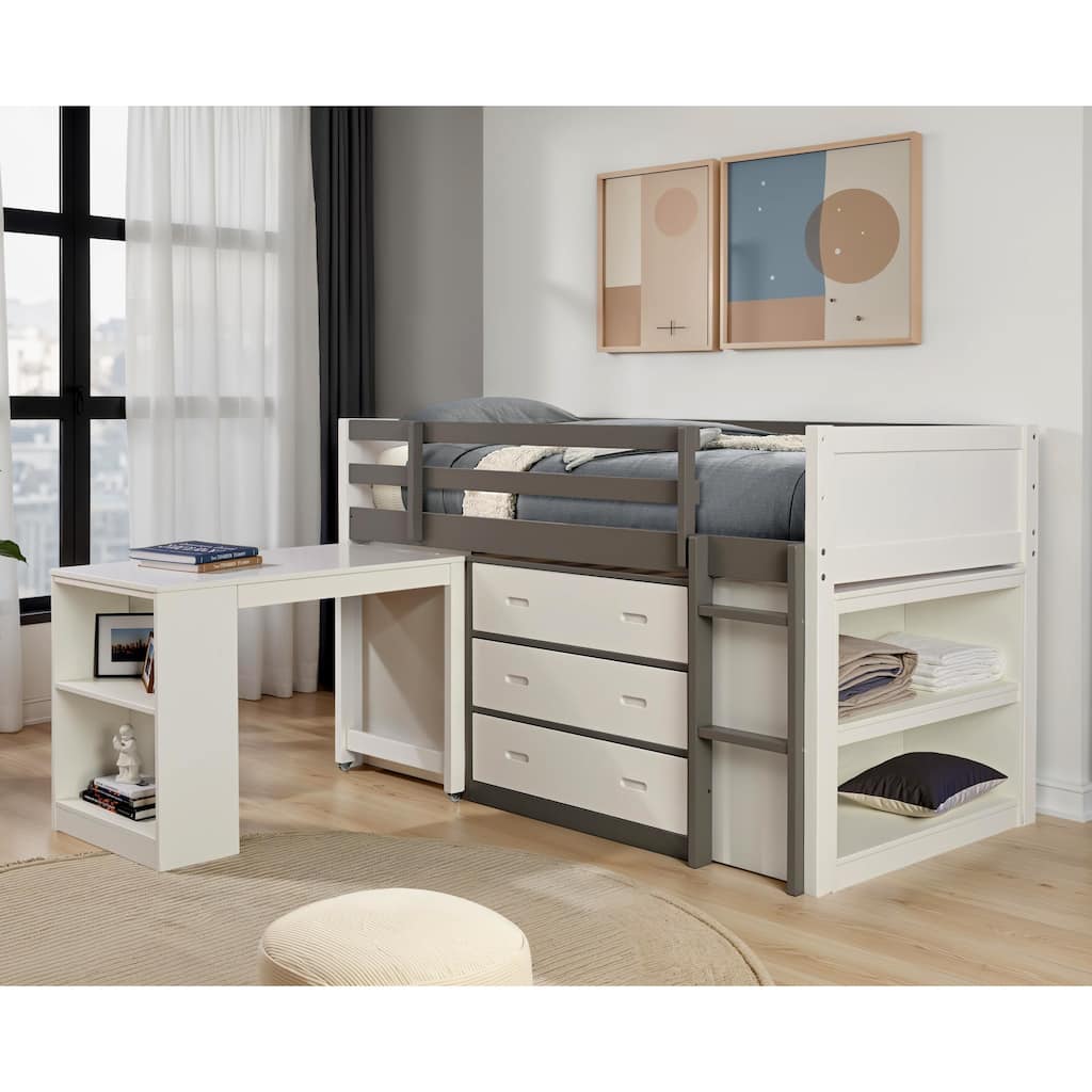 Furniture of America Cali Modern White Modular Twin Loft Bed with Nesting Desk, 3-Drawer Cabinet and Open Shelf