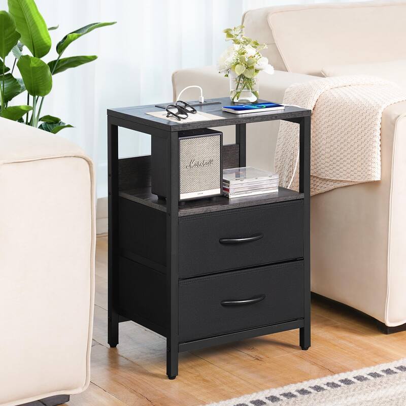 Nightstand with Charging Station,Small Night Stand with Fabric Drawers & Storage Shelf,Small Spaces with USB Ports & Outlets