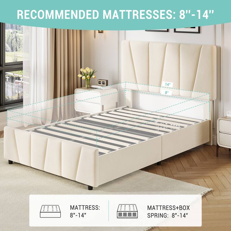 Twin Size Bed Frame with Adjustable Headboard and 2 Storage Drawers