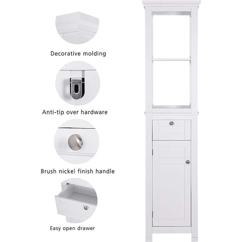 Spirich Home Bathroom Freestanding Storage Cabinet with Two Tier Open Shelves, Tall Slim Tower with Door and Drawer(White)