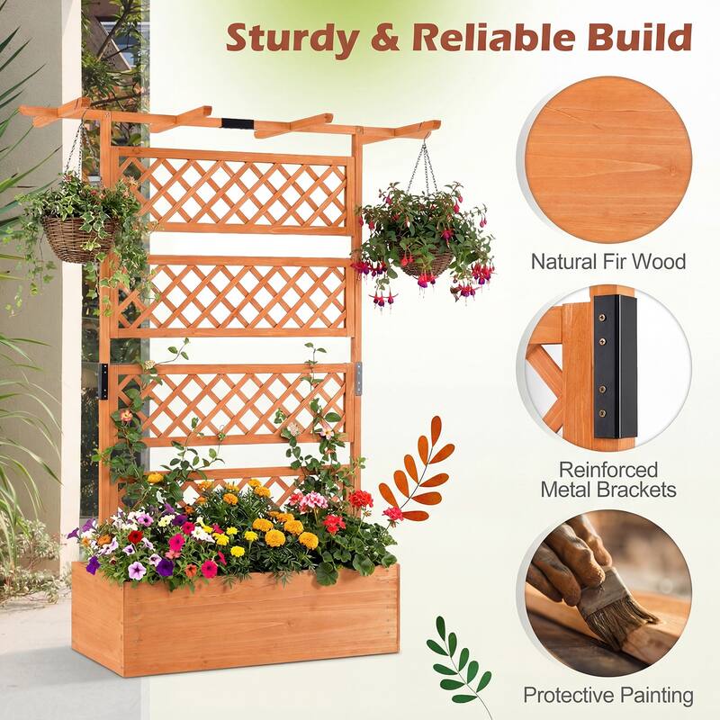 Gymax 72'' Wooden Planter Box w/Lattice Trellis Flat Roof Drainage for