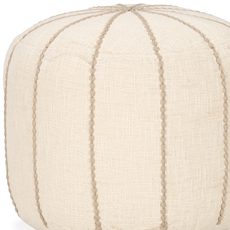 HomeRoots 18" Beige and Taupe Fabric Striped Round Pouf Ottoman