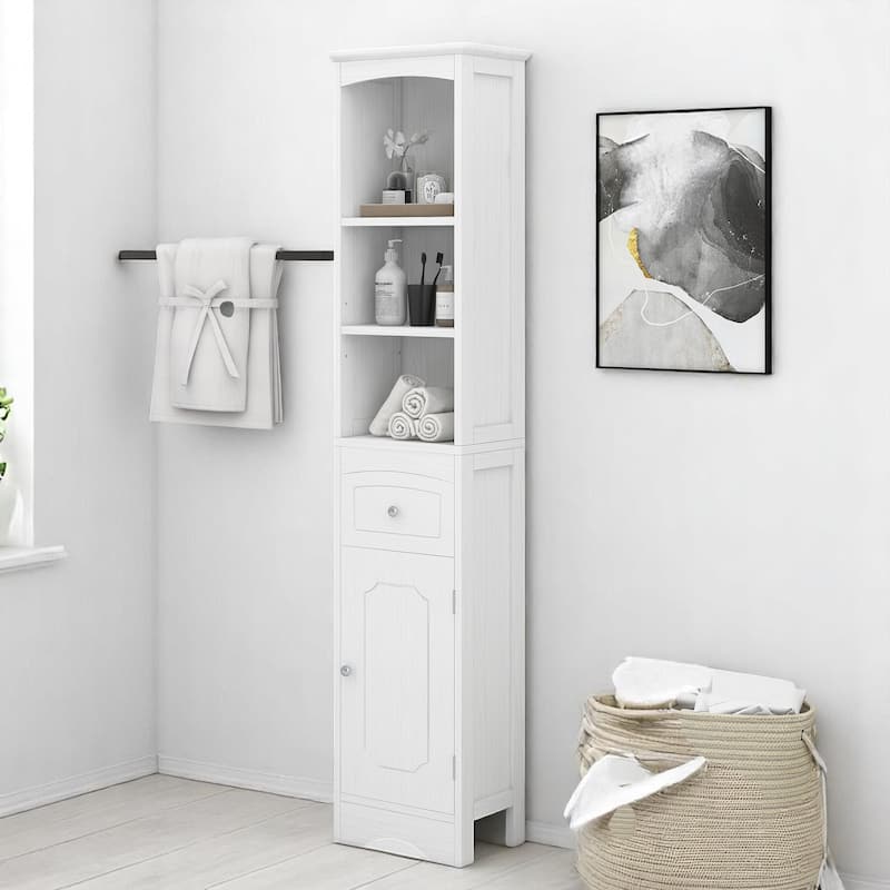 Slim Freestanding Bathroom Cabinet with Drawer and Doors, Adjustable Shelf, Waterproof MDF Storage Unit - White