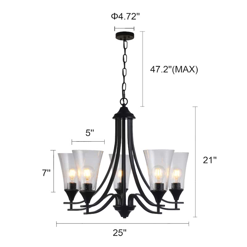 5-light Matte Black Chandelier w/ Seeded Bell Glass