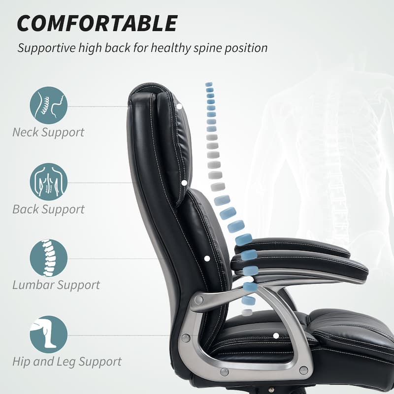 Adjustable Height PU Leather Office Chair with High Back and Armrests Tilt Swivel for Home or Desk