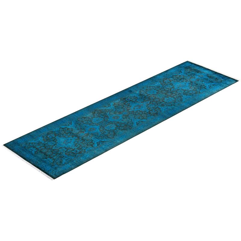 Overton Hand Knotted Wool Vintage Inspired Modern Contemporary Overdyed Blue Runner Rug - 2' 7" x 9' 3"