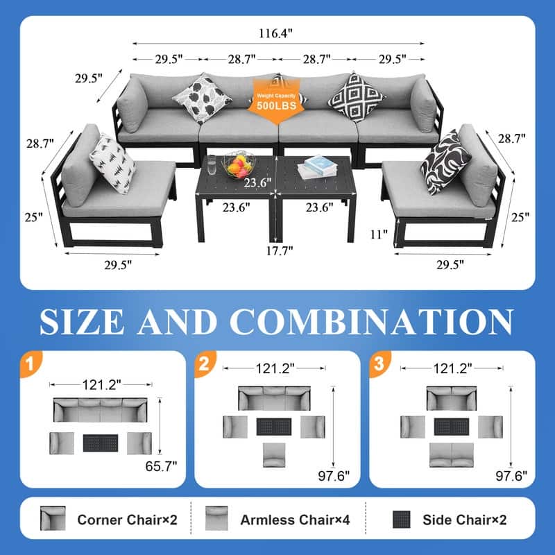 FINCATI Aluminum Patio Furniture Set Outdoor Conversation Sofa with Table - 8 Pieces