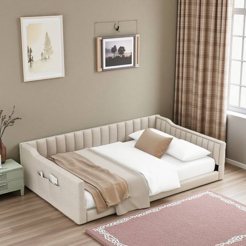 Full XL Velvet Upholstered Daybed with Vertical Channel Tufting and Side Storage Pocket, No Box Spring Needed, Modern Sofa Bed - Beige