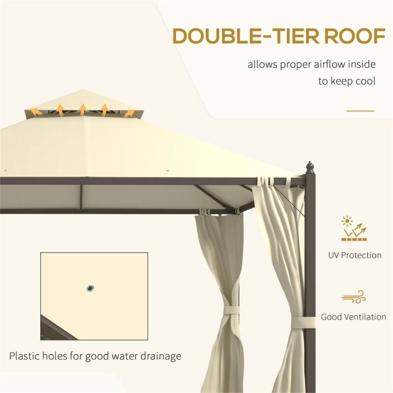 Dark Coffee Outdoor Gazebo with Beige Polyester Curtains Powder-Coated Steel Frame Two Tier Ventilated Canopy Patio Garden