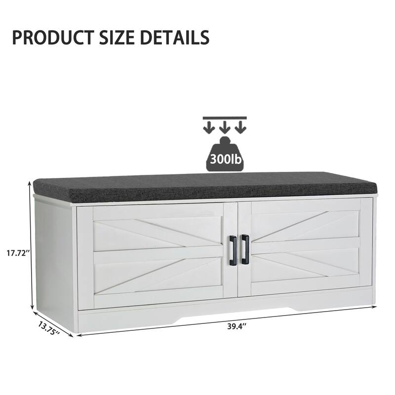 2-Tier Storage Shoe Bench with Padded Seat Cushion,Bench with 2 Barn Doors & 2 Adjustable Shelves,13.75"Dx39.4"Wx17.72"H