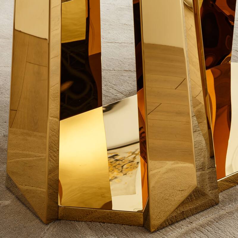 70'' Rectangle Faux Marble Dining Table with Mirrored Finish Stainless Steel Base - Gold+White