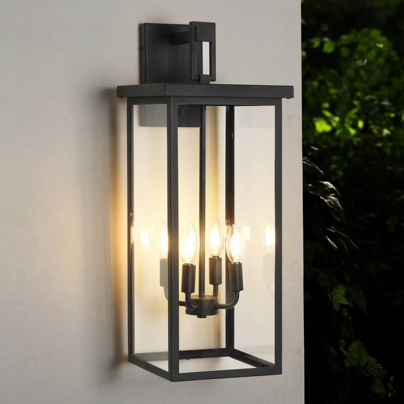 26"(H) 1ps Modern Outdoor Wall Lanterns with Black Metal Frame and Clear Glass, 4 E12 Bulb Socket, Weatherproof(No Bulbs)