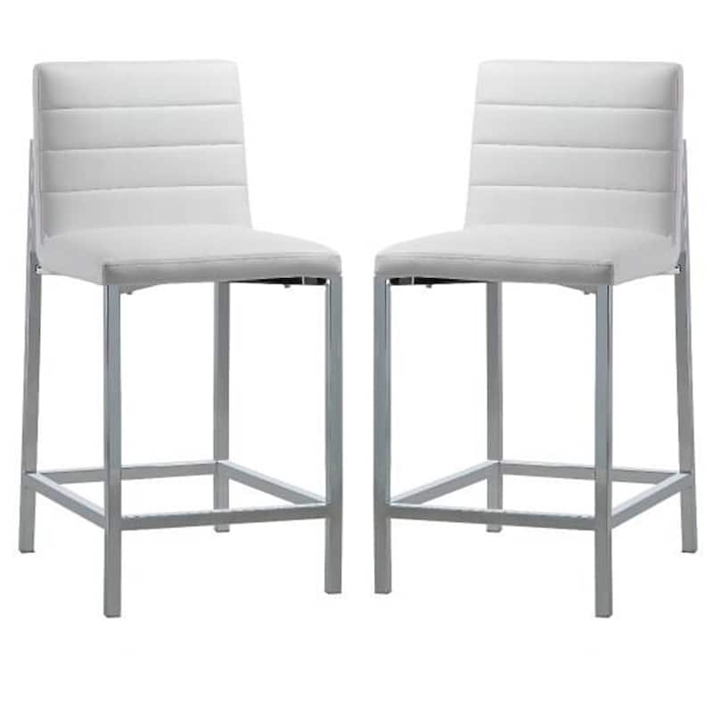 Eun 26 Inch Faux Leather Channel Counter Stool, Chrome, Set of 2, White - Extra Tall - Over 33 in. - White - Set of 2