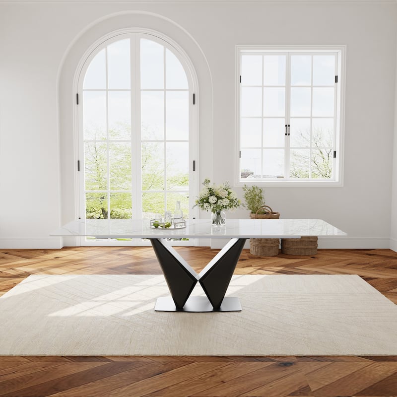 63-95" Modern Extendable Dining Table,White Glossy Sintered Stone Table top, Black Carbon Steel Base for 4-10