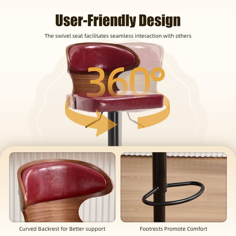 PU Leather Upholstered Curved Backrest 360° Swivel Adjustable Height Bar Stools with Footrest(set of 2)
