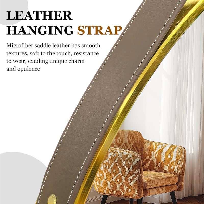 Round Wall Hanging Bathroom Vanity Mirror with Leather Strap Black Aluminum Frame