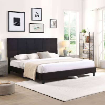 King Size Upholstered Bed Frame with Linen Headboard, Wood Slat Support, No Box Spring Needed