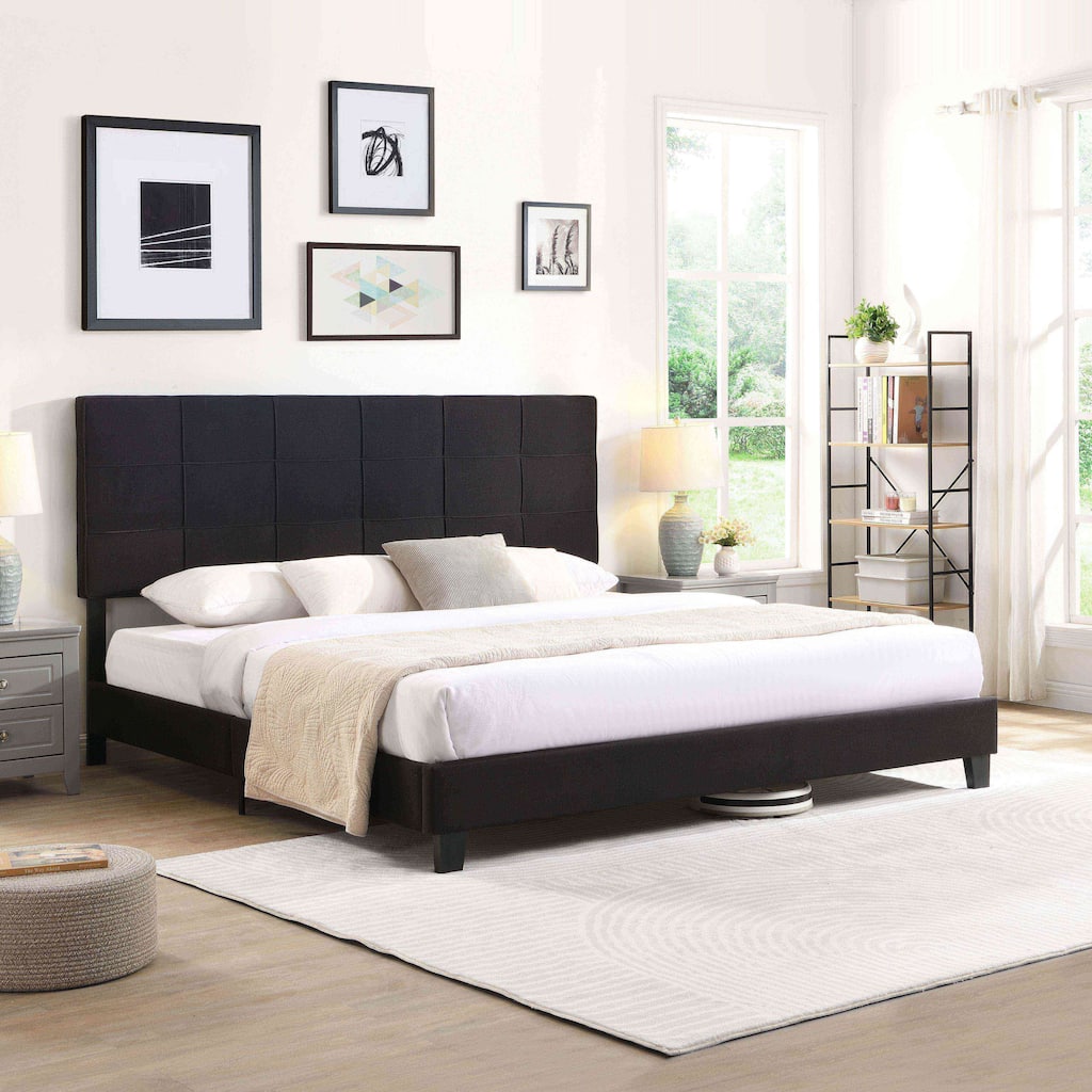 King Size Upholstered Bed Frame with Linen Headboard, Wood Slat Support, No Box Spring Needed