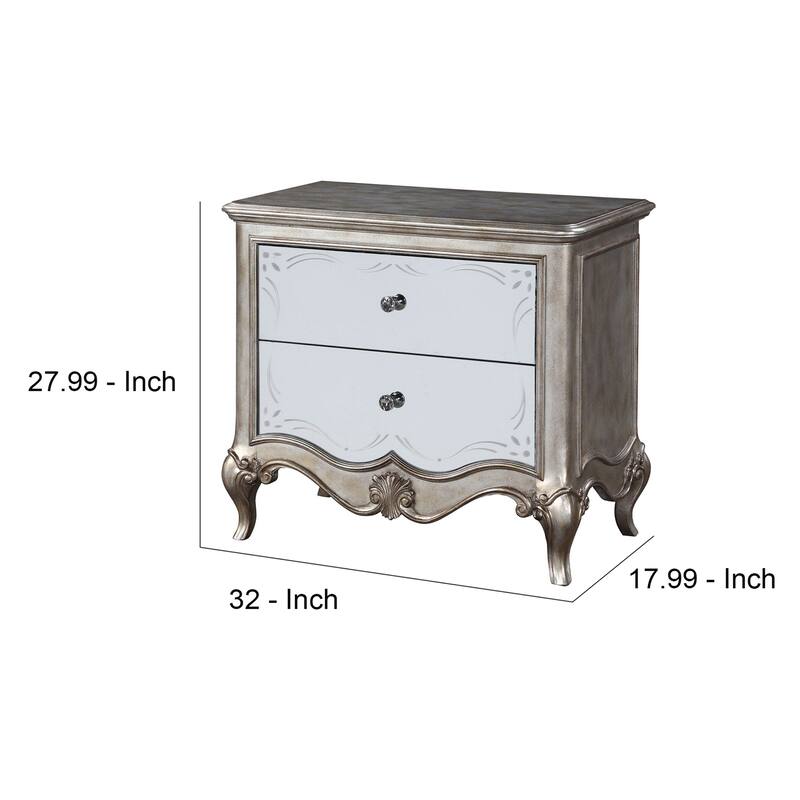 Nightstand with Mirror Front and Molded Trim, Antique Silver
