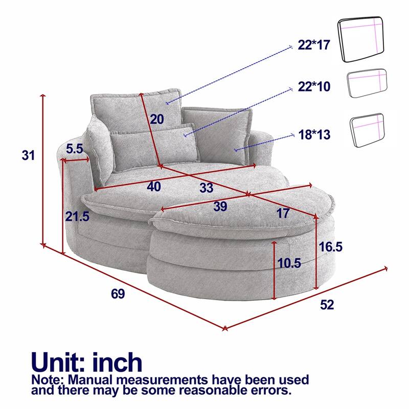 52" Swivel Fabric Big Round Chair with Storage Ottoman and Pillows