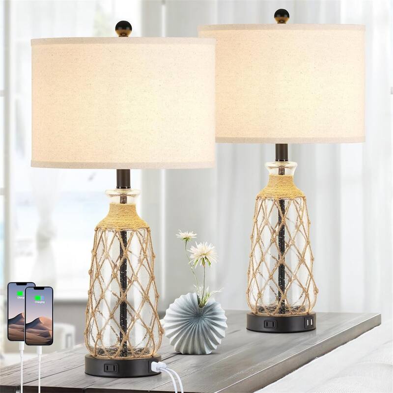 3-way dimmable touch control bedside lamp with 2 USB ports - clear and beige