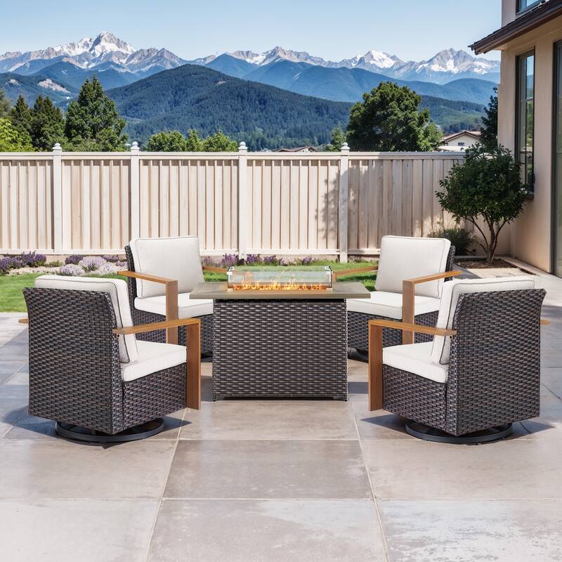 Pocassy Fire Pit Table with Outdoor Sofa Chair Ottoman Set - Brown Wicker Beige Cushion - 5-Piece Swivel Chair with Rectangle Fire Table