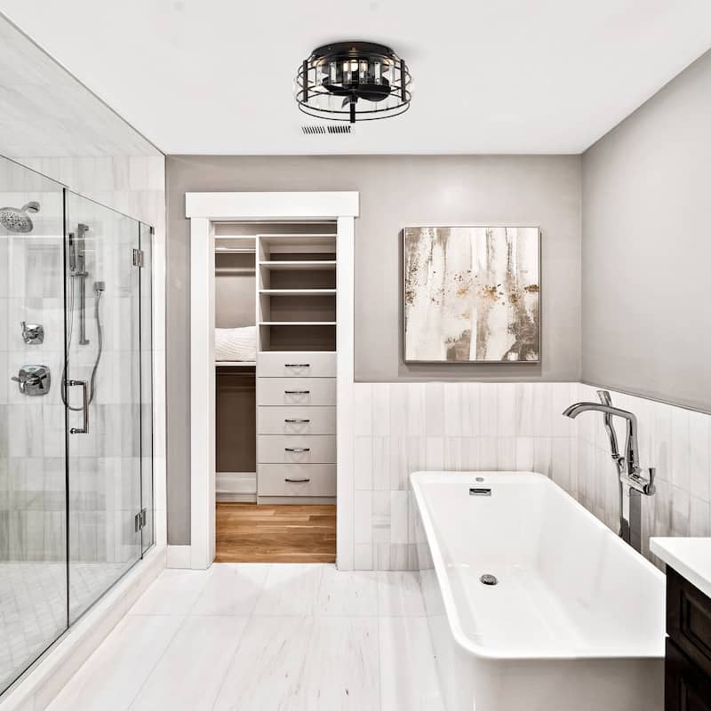 13-inch Matte Black Industrial Bladeless Fandelier Flush Mount Ceiling Fan with Remote