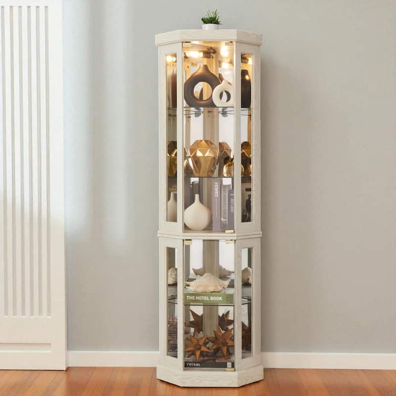 Corner Lighted Glass Curio Cabinet with Adjustable Shelves, Mirrored Back and Display Doors