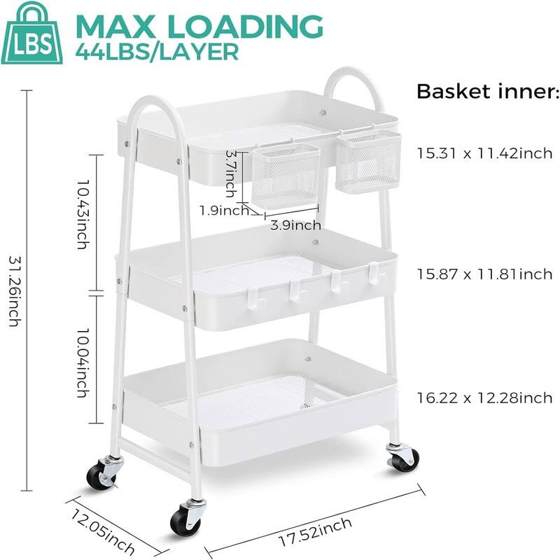 Tier Rolling Cart Metal Rolling Storage Cart with Handle and Lockable Wheels - 12.05"D x 17.52"W x 31.26"H