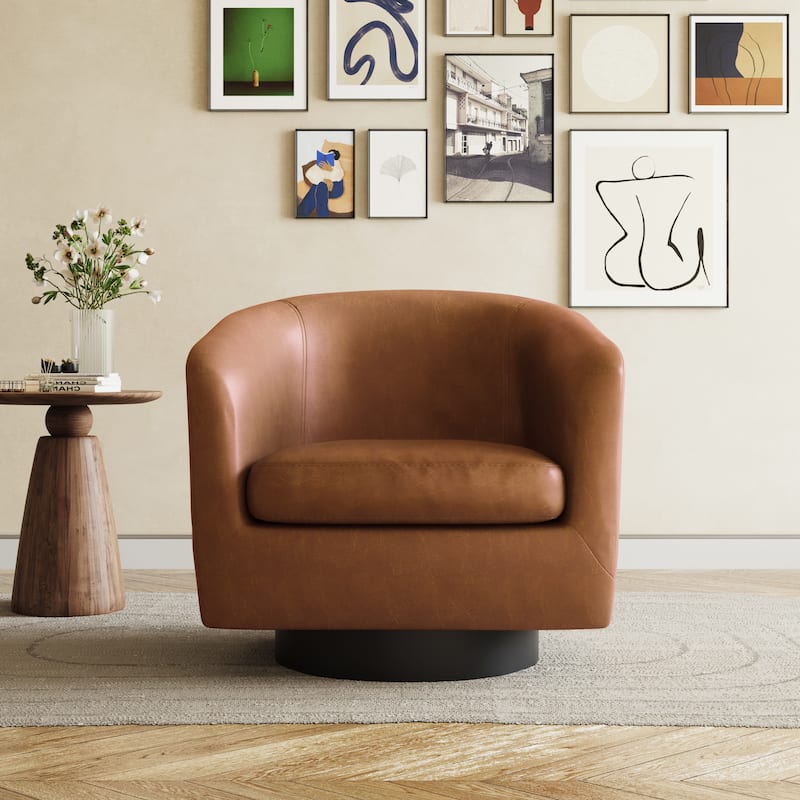 Faux Leather Accent Barrel Chair with Swivel Base - One piece - Brown