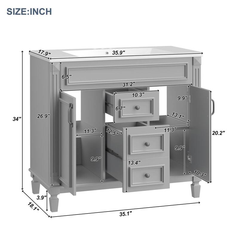 36'' Freestanding Bathroom Vanity with Integrated Ceramic Sink and Drawers