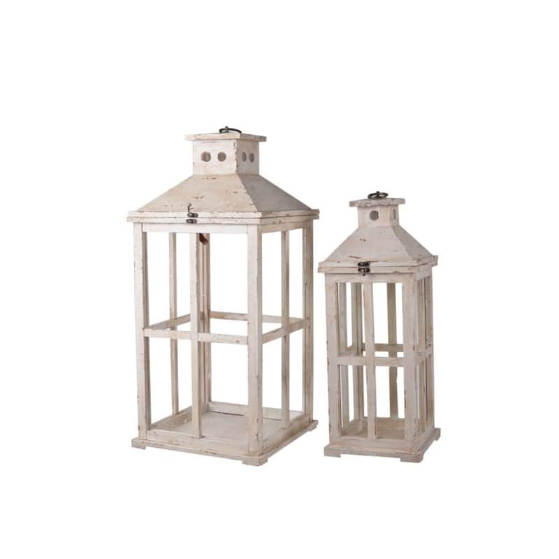 Set of 2 White Distressed Finish Reed Candle Hanging Lanterns 25"