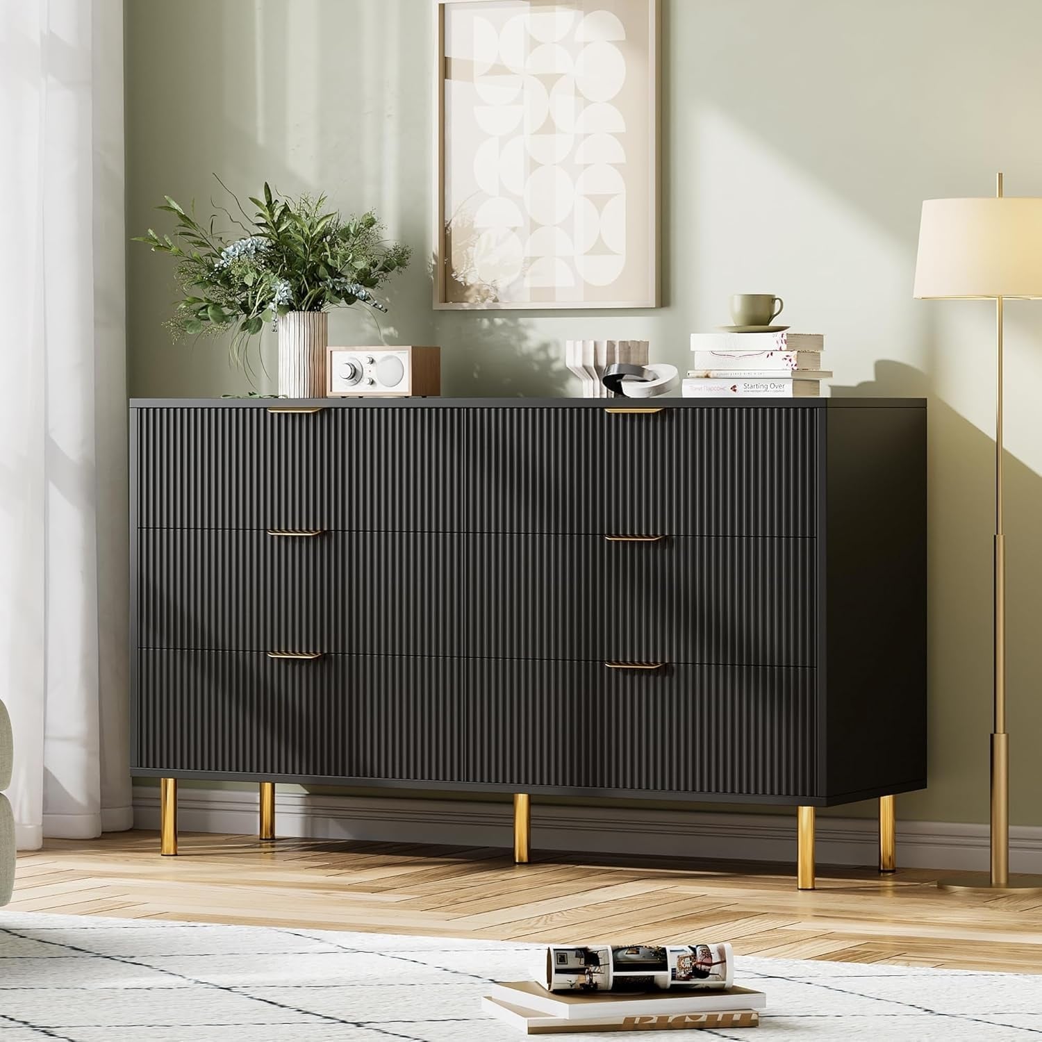 Modern 6 Drawer Dresser for Bedroom, Wood Double Chest of Drawers with Gold Handles and Large Storage Drawers