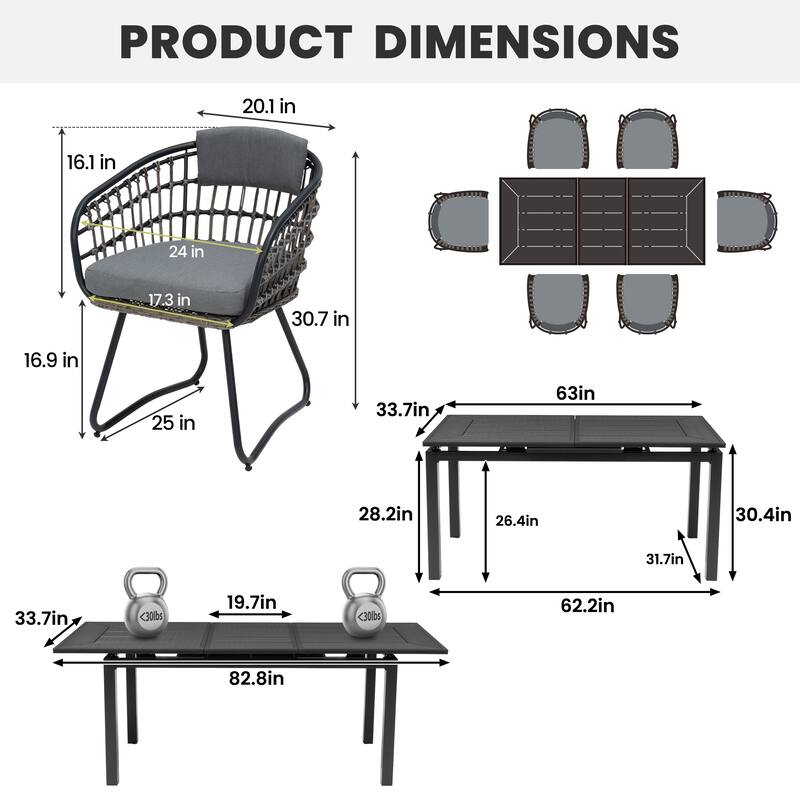 Outdoor Patio Dining Extendable Aluminum Table with Cushioned PE Rattan Chairs