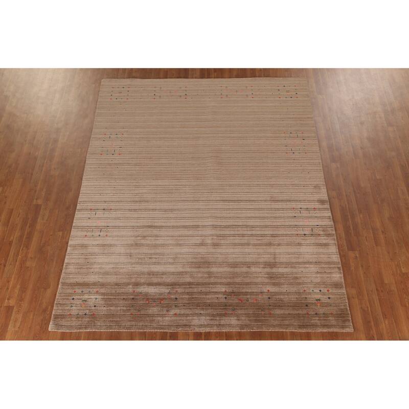 Striped Brown Gabbeh Oriental Area Rug Hand-Knotted Wool Carpet - 7'9" x 9'10"