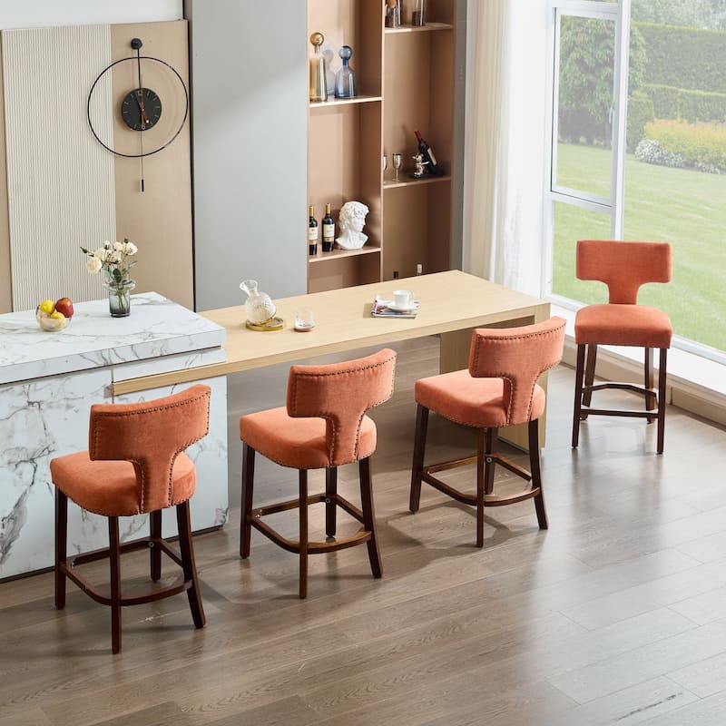 Counter Height Bar Stools Set of 2, Farmhouse Linen Fabric Upholstered Accent Chair Curved Backrest with Copper Nails around