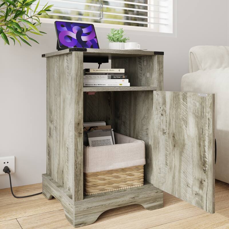 Farmhouse Nightstand Side Table, Wooden Rustic End Table, Tall Bedside Table with Electrical Outlets Charging Station